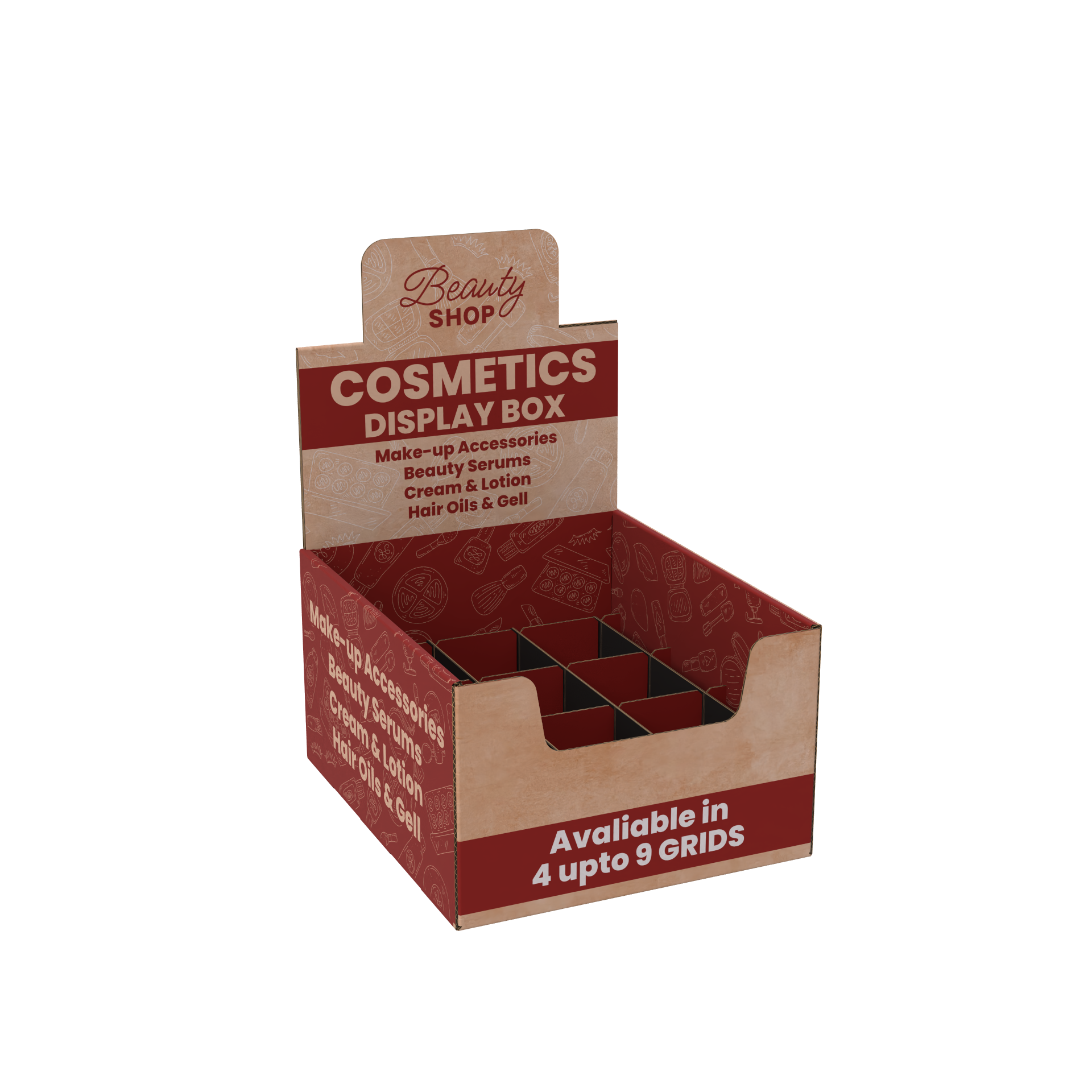 Cosmetics Display Box with Cover  4-12 Grids With Lining (Corrugated)